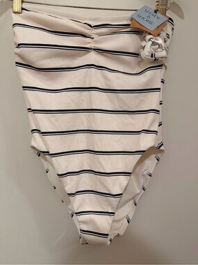 Shade & Shore White and Navy Striped Strapless One-Piece Size M(8-10